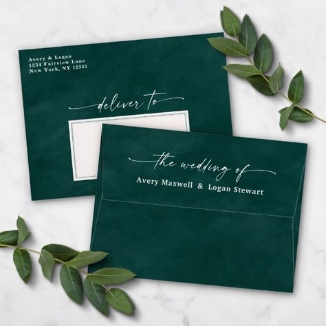 Rustic Fall Wedding Colors, Wedding Envelopes Design, Dark Teal Weddings, Ethereal Watercolor, Wedding Invitation Envelope, Wedding Invitation Trends, Teal Watercolor, Emerald Green Weddings, Invitation Envelope