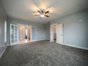 Rosetta  Blue bedroom walls and white trim. gray carpet. Craftsman Grey Carpet Bedroom, Dark Grey Carpet, Gray Carpet, Blue Bedroom Walls, Basement Carpet, Bedroom Blue, White Carpet, Bedroom Walls, Blue Carpet