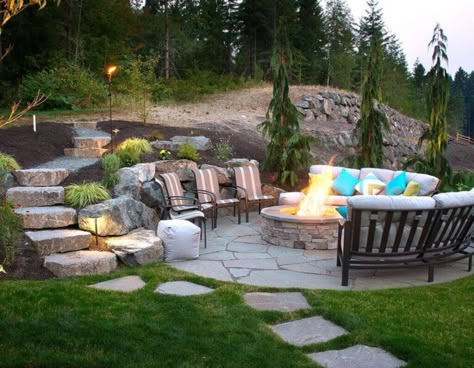 Sloped Backyard Ideas, Sloped Backyard Landscaping, White Pergola, Sloped Yard, Outdoor Fire Pit Designs, Fire Pit Landscaping, Sloped Backyard, Stone Steps, Hillside Landscaping