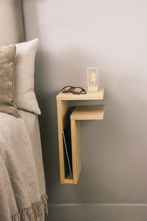 Wooden Bed Side Table, Bed Side Table Design, Unique Bedside Tables, Narrow Bedside, Narrow Bedside Table, Floating Bedside Table, Side Bed, Bedside Shelf, Airy Room