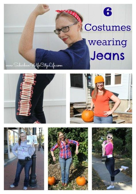 6 Quick Costumes using Jeans and items from your closet #nosewcostume #easycostumes #lastminutecostumes Halloween Costumes Jeans, Costumes With Jeans, Halloween Costumes With Jeans, Costume Jeans, Quick Costumes, Easy Halloween Costume, Jeans Ideas, Last Minute Costumes, Diy Halloween Costumes Easy