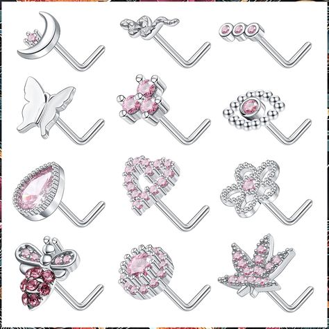 Staligue 12pcs 20G Nose Rings Studs L Shaped Nose Studs Stainless Steel Nose Piercings Flower Heart Snake Butterfly Moon Nose Piercing Jewelry Nose, Y2k Nose Ring, Nose Ring Aesthetic Stud, Nose Piercing Y2k, Cute Nose Piercing Jewelry, Hello Kitty Nose Piercing, Piercings Butterfly, Stud Aesthetic, Dream Piercings