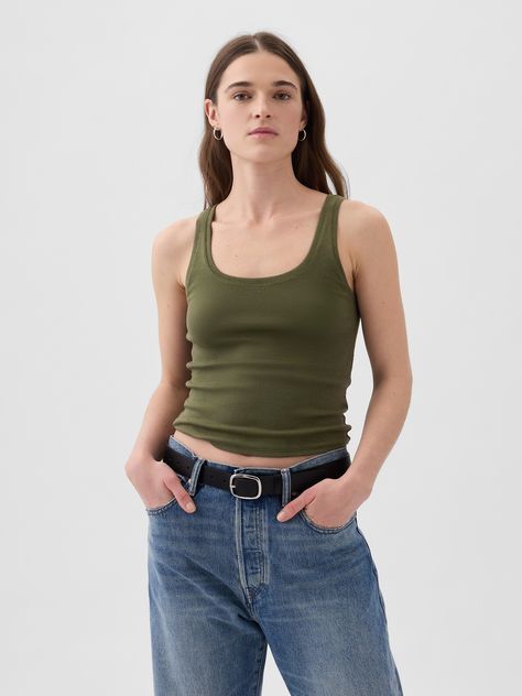 Supersoft cotton-modal blend cropped tank top.  Scoop neck.  Tank straps.  * Fit: Stretch-to-Fit.  Slim & stretchy that forms to your shape.  Cropped, hits at the waist.  Models wearing Gap