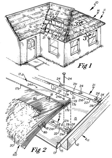 Patent US6226949 - Simulated thatched roof - Google Patents Thatched Roof, Earthship, House Floor, Roof Design, The Roof, A Novel, House Floor Plans, L Shape, Bungalow