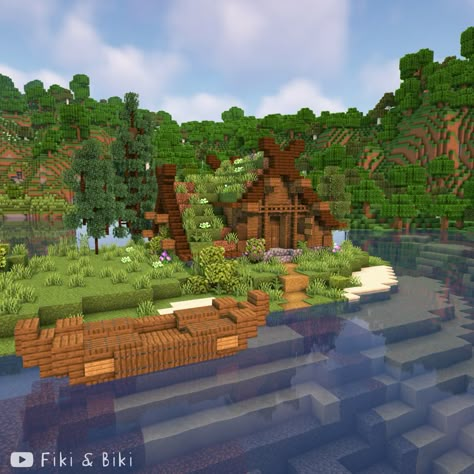 Minecraft build videos on our YouTube channel: Fiki & Biki 🐔 Minecraft Houses Viking, Minecraft Viking House Ideas, Minecraft Viking Ship, Nordic Minecraft Builds, Minecraft Viking Village, Minecraft Nordic House, Viking Minecraft Builds, Minecraft Viking Builds, Minecraft Viking House