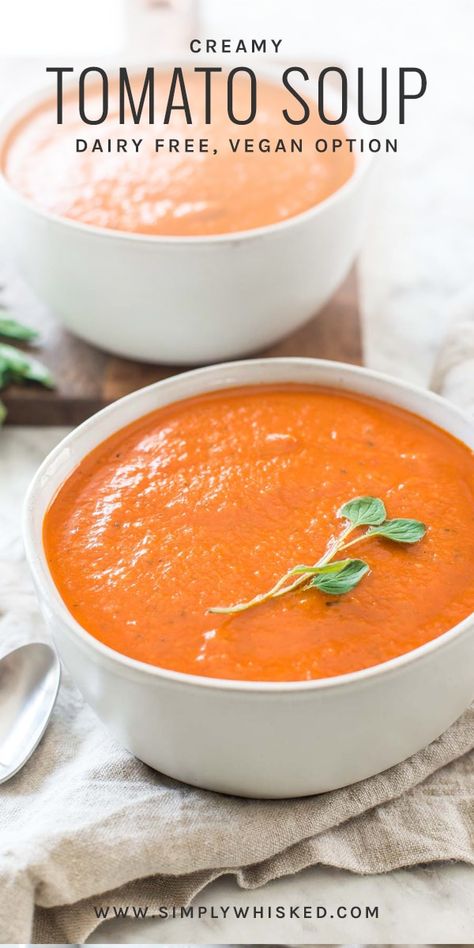 Creamy Dairy Free Tomato Soup | dairy free soup, creamy tomato soup, tomato soup recipe, #tomatosoup #soup #dairyfree | @simplywhisked Tomato Soup Dairy Free, Dairy Free Soup Recipes, Dairy Free Tomato Soup, Dairy Free Soup Recipe, Soup Dairy Free, Vegan Tomato Soup, Soup Tomato, Soup Creamy, Dairy Free Soup