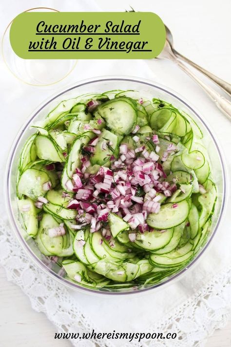 Quick & refreshing! Try this easy oil and vinegar cucumber salad with dill - ready in minutes. Perfect for any dish! 🥗 #whereismyspoon #QuickSalad #CucumberSalad #EasyRecipes #RefreshingEats #SummerSides #DillFlavor #HealthyEating #SimpleSalad #FoodInspiration #ReadyInMinutes #SideDishIdeas #VersatileSalad #DeliciousBites #HomemadeGoodness #FreshFlavors Vinegar Cucumber Salad, Icebox Pickles, Cucumber Salad With Dill, Cucumber Salad Vinegar, Salad With Dill, Cucumber Dill Salad, Vinegar Cucumbers, Quick Salads, Vinegar Dressing