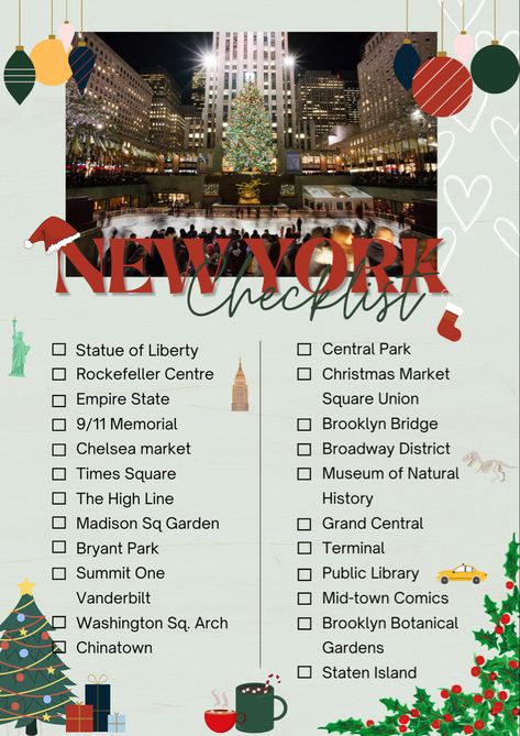 New York checklist for any time of the year, this one has a christmas theme New York Checklist, Christmas In New York, Chelsea Market, Bryant Park, High Line, Nova York, Staten Island, Holiday Decorating, Christmas Theme