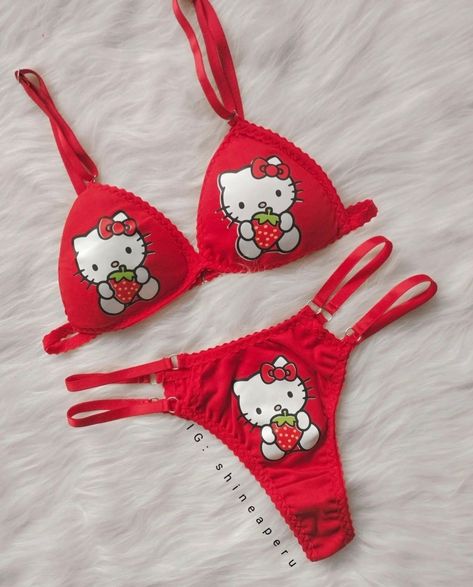 Hello Kitty Bra Set, Hello Kitty Langere, Hello Kitty Bras, Hello Kitty Lingerie, Hello Kitty Costume, Hello Kitty Strawberry, Swimwear Aesthetic, Aged Clothing, Kitty Clothes