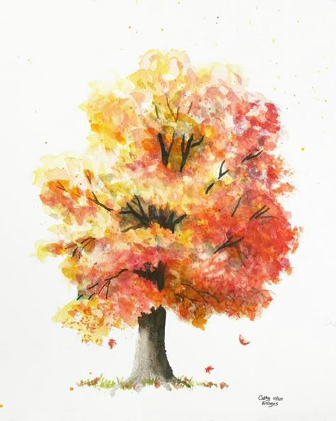 Autumn Tree print of an original watercolor painting by Cathy Hillegas. Maple tree turning yellow, orange, red in the fall. Image size: 11x14; paper size 13 x 19. Made with archival inks on heavy, acid free Velvet Fine Art Paper. Signed and numbered from an edition of 500. Comes well protected in Fall Watercolors, Willow Tree Tattoos, Watercolor Autumn Leaves, Paint Tutorial, Tree Watercolor Painting, Tree Watercolor, Fall Trees, Watercolor Paintings For Beginners, Autumn Tree