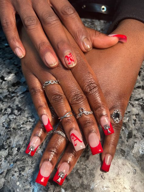 Nails With Your Mans Initials, Black Couple Nails, Matching Nails With Stud Girlfriend, Nails To Match Red Hair, Red Natural Nails Design, Matching Nails Couples Black, Matching Couple Nail Sets, Nails Dedicated To Boyfriend, His And Her Matching Nails