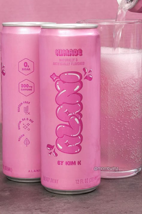 Alani Nutrition has unveiled its newest flavor sensation, "Kimade," a collaborative creation with Kim Kardashian. This enticing blend presents a delightful twist on pink lemonade. With an irresistible typography reminiscent of Kim Kardashian's Skims brand, the packaging exudes bubbly plumpness, echoing the flavor's perfect blend of sour and sweet. Can Drink Design, Energy Drink Ideas, Coconut Packaging, Fruit Juice Brands, Stores In Nyc, Sparkling Lemonade, Drinks Packaging, Candle Branding, Beverage Packaging