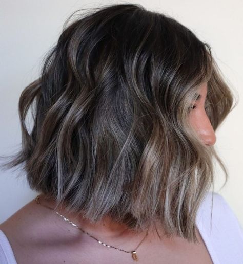 Mushroom Brown Bob with Ashy Highlights Brown Bob With Balayage, Short Cool Tone Brown Hair, Mushroom Brown Hair Color Balayage Short, Ashy Brown Bob, Mushroom Brown Hair Color Short, Dark Bob With Highlights, Short Bob Hair Color Ideas, Mushroom Brown Bob, Brown Bob With Highlights