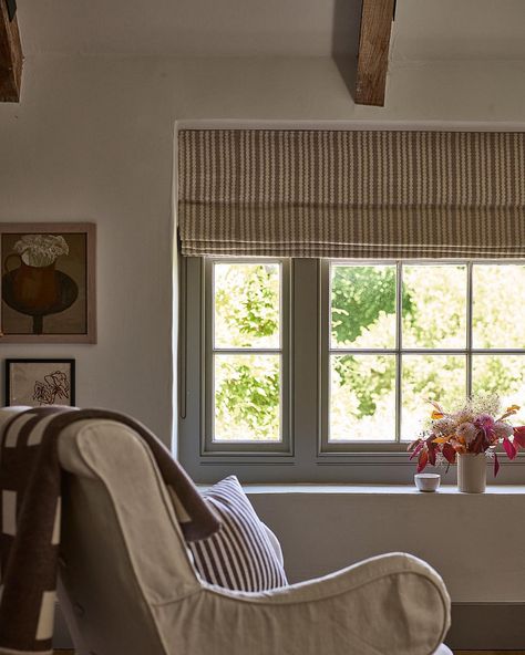 ✨ Relaxed vs Roman Blinds ✨  Equally as beautiful, timeless and versatile, with a totally different look 💭  A relaxed blind has a soft, curved bottom, to add an elegant touch to your windows. Seen here in our Sheer linen and wool mix, it creates an ethereal look that lets the light pour into your home beautifully 🌞  The timeless Roman blind is a forever classic, whether it’s a strong pattern or a subtler fabric. Here our Scallop Stripe in Mushroom gives the perfect balance of classic pattern... Wool Mushroom, Traditional Roman Blinds, Short Curtains, Long Curtains, Kitchen Fabric, Roman Blind, Cafe Curtains, Door Curtain, Made To Measure Curtains