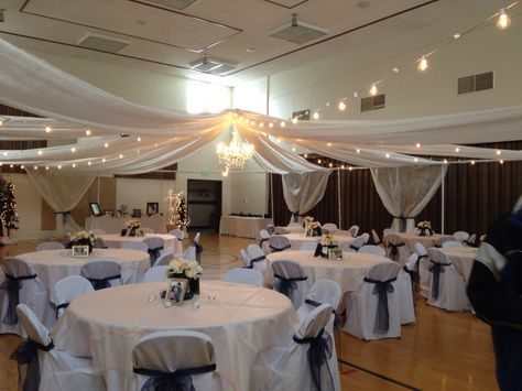 Decorating A Gym For A Wedding, Gymnasium Wedding Reception, Lds Wedding Reception Cultural Hall, Gym Wedding Reception, Wedding Transformation, Lds Weddings Reception, Deb Ball, Sweetheart Dance, Reception Ceiling