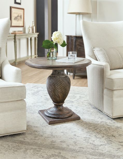 Hooker Furniture Living Room Traditions Round End Table 5961-80116-89 Hooker Furniture Living Room, Pedestal End Table, Metal Accent Table, Sectional Ottoman, Round Accent Table, Round End Table, Base Design, European Antiques, Wood And Marble