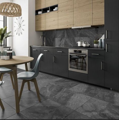 Grey Kitchen Floor Tiles, Grey Kitchen Tiles, Nordic Inspiration, Marble Effect Tiles, Grey Kitchen Floor, Light Grey Kitchens, Dark Grey Colour, Dark Grey Kitchen, Modern Kitchen Cabinets