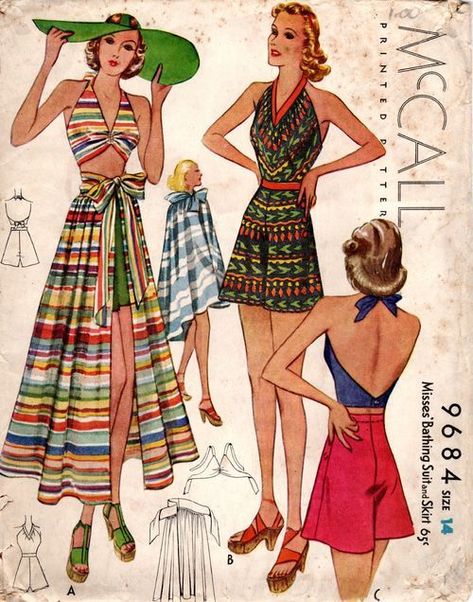 Late 1930s early 1940s Summer Fashion Illustration #1940s #1930s #1930sfashion #1940sfashion #summer #summerfashion #playsuit Vintage Bathing Suit Patterns, Patron Vintage, Two Piece Bathing Suit, Vintage Bathing Suits, Vintage Dress Patterns, Vintage Swimwear, Coverup Skirt, Motif Vintage, Retro Mode