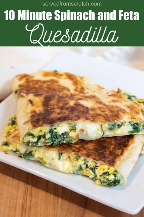 a plate of two quesadillas with spinach, eggs, and cheese with Pinterest pin text. Feta Quesadilla, Feta Breakfast, Spinach And Eggs Breakfast, Breakfast Quesadilla Recipes, Cheese Quesadilla Recipe, Spinach Eggs, Healthy Vegetarian Breakfast, Spinach Breakfast, Feta Cheese Recipes