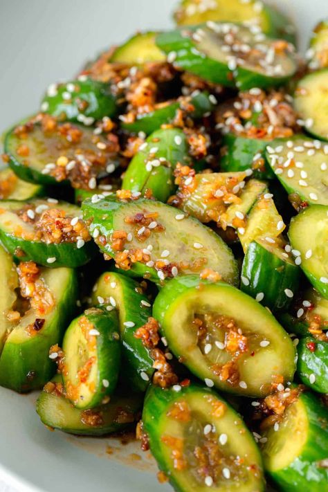 Smashed Asian Cucumber Salad | Table for Two® by Julie Chiou Cold Cucumber Salad, Spicy Cucumbers, Perfect Grilled Burgers, Thai Cucumber, Smashed Cucumber Salad, Spicy Cucumber Salad, Spicy Cucumber, Side Salads, Asian Cucumber Salad