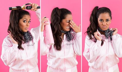 DIY a Pink Lady costume with the help of this 10-minute Halloween hair hack. Grease Costumes Diy, Pink Ladies Halloween Costumes, Pink Ladies Halloween, Grease Pink Ladies, Pink Lady Costume, Pink Ladies Grease, Lady Gaga Costume, Hairstyles Halloween, Easy Halloween Costumes For Women