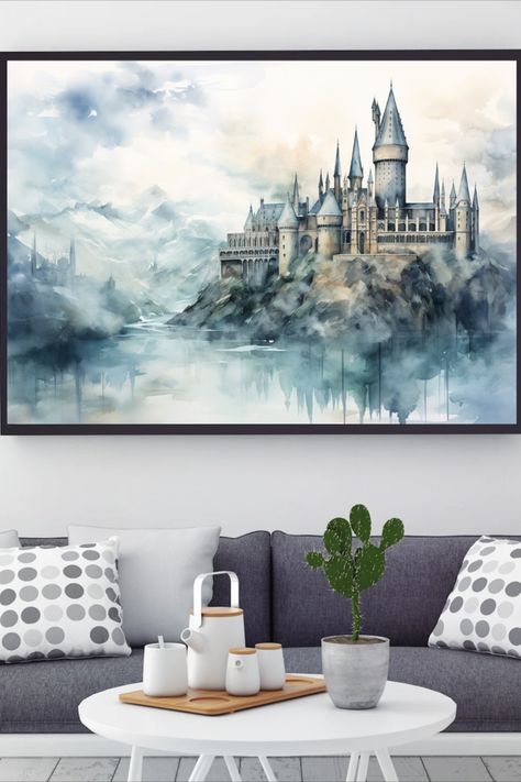 Hog Warts Castle, Hogwarts Castle Drawing, Hogwarts Painting, Watercolor Hogwarts, Harry Potter Watercolor, Castle Wall Art, Harry Potter Castle, Harry Potter Hogwarts Castle, Castle Drawing