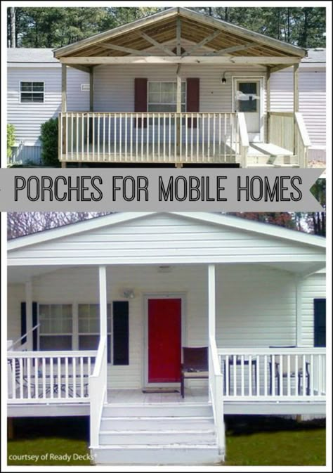 Porches for mobile homes from Ready Decks via Front-Porch-Ideas-And-More.com Porches For Mobile Homes, Manufactured Home Porch Ideas, Mobile Home Porches, Manufactured Home Porch, Mobile Home Redo, Mobile Home Remodeling, Mobile Home Makeovers, Mobile Home Makeover, Mobile Home Renovations