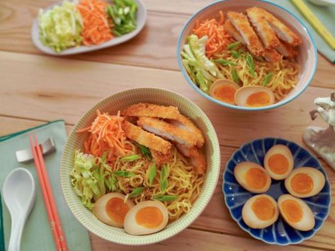 Get Miso Ramen with Fried Pork Cutlet Recipe from Food Network Miso Pork Ramen, Chicken Miso Ramen Recipe, Trader Joes Miso Ginger Broth Ramen, Simple Miso Ramen, Spicy Chicken Miso Ramen, Miso Ramen Recipe, Spicy Miso Ramen, Spicy Miso Ramen Recipe, Soy Sauce Eggs