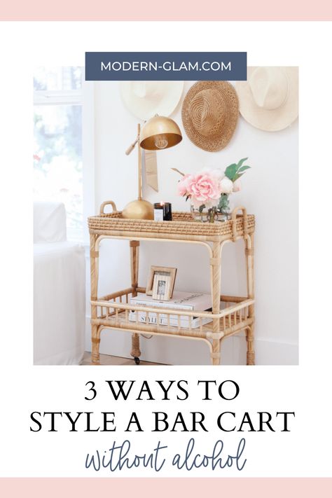 How to style your bar cart without alcohol. 3 unique ideas to decorate your bar cart that don't involve alcohol! Coffee bar cart, bar cart side table and summer drink station. Bar Cart Uses Ideas, Bar Cart End Table, Style Bar Cart Without Alcohol, Other Uses For Bar Carts, Bar Cart Alternative Uses, Bar Cart Styling Ideas Without Alcohol, Non Alcoholic Bar Cart Ideas, Bar Cart Without Alcohol, Bar Cart Styling Without Alcohol