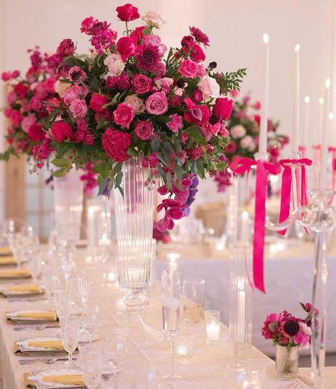 Hot Pink And White Wedding Flowers, Dark Pink Wedding Theme, Pink Hydrangea Centerpieces, Pink Wedding Flowers Centerpiece, Hot Pink Centerpieces, Hot Pink Wedding Flowers, Pink Flower Centerpieces, Tall Arrangements, Pineapple Cupcake