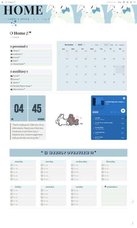 Notion Home Page Ideas Aesthetic, Personal Notion Ideas, Notion Asthetic Ideas, Home Notion Ideas, Personal Calendar Ideas, Notion Template Ideas Aesthetic Blue, Notion Home Page Ideas, Notion Personal Page, Notion Ideas Personal