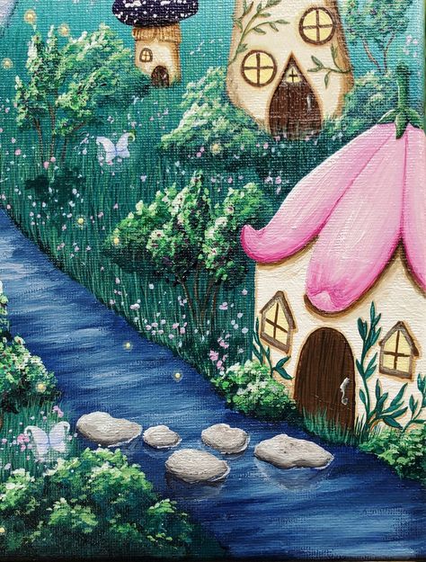 Mushroom Houses Paintings, Fairy Cottage Painting, Woodland Fairy Painting, Simple Fairy Painting, Magical Acrylic Painting, Acrylic Garden Paintings, Fantasy Painting Easy, Easy Fairy Painting, Cottage Core Painting Ideas