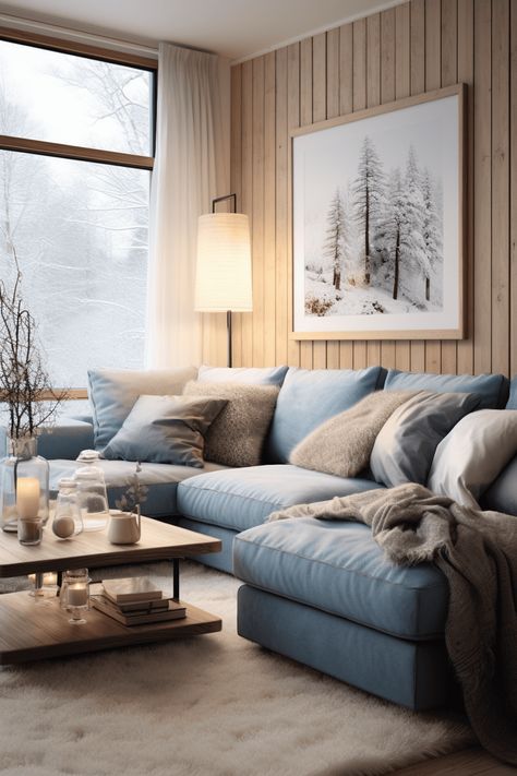 Grey Floor Blue Couch, Blue Sofa Scandinavian Living Room, Grey Blue Couch Living Room, Minimalist Living Room Blue Couch, Organic Modern Blue Couch, Nuetral Pallete Living Room With Blue, Blue Couch Living Room, Dark Green Living Room, Modern Rustic Living Room