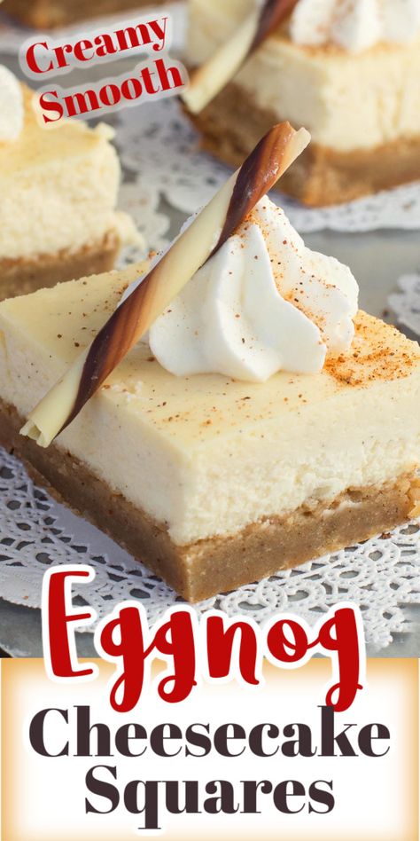 These Eggnog Cheesecake Squares are made with a creamy, smooth cheesecake layer and a Holiday spice brownie crust. via @artandthekitch Eggnog Bars, Eggnog Dessert, Recipes Cheesecake, Eggnog Cheesecake, Cheesecake Squares, Eggnog Recipe, Dessert Party, Ginger Snap Cookies, Cookie Crust