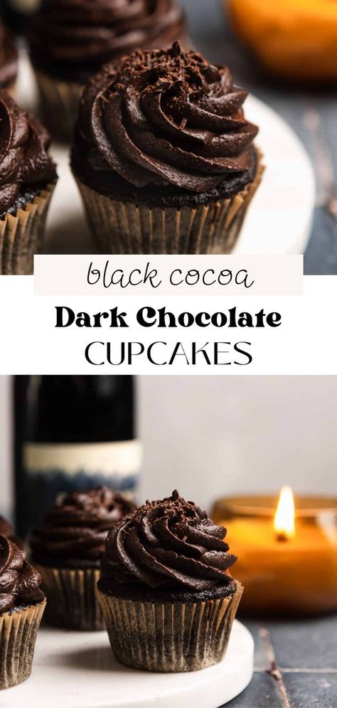 These dark chocolate cupcakes are soft, moist, and perfect for chocolate lovers! Their rich, chocolatey taste comes from two different types of cocoa powder, Dutch-processed and black cocoa, for a deep, bold chocolate flavor in every bite. Dark Chocolate Cupcake Recipes, Dark Chocolate Cupcakes Moist, Chocolate Cupcakes With Vanilla Frosting, Dark Chocolate Sauce, Espresso Cupcakes, Dark Chocolate Cupcakes, Black Cocoa, Chocolate Cupcakes Moist, Dutch Cocoa