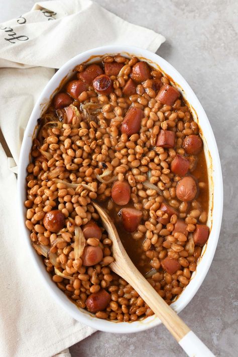 Hot Dog Baked Bean Casserole, Hot Dog And Beans Recipes, Hot Dog And Bean Casserole, Hot Dogs And Baked Beans Casserole, Baked Beans And Hot Dogs, Hot Dog Casserole Recipes, Bean Casserole Recipes, Hot Dogs And Beans, Hot Dog Casserole