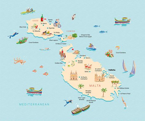 Malta map illustration Beach Map Illustration, Malta Illustration, Malta Map, Malta Vacation, Malta Holiday, Malta Travel Guide, Malta Food, Malta Beaches, Gozo Malta