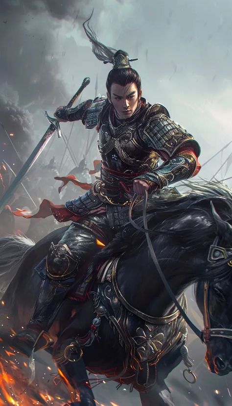 The picture shows a Chinese warrior on a black horse. He is wearing a black and red armor and a helmet with a long white plume ->> more details in ai-img-gen.com Black And Red Armor, Red Armor, Chinese Armor, Battle Scene, Chinese Warrior, Black Horse, Picture Show, Art Images, Black And Red