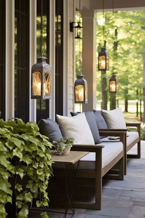 45 Front Porch Ideas That Will Bring You Together Modern Farmhouse Front Porch, Porch Seating, Front Porch Seating, Cozy Front Porch, Farmhouse Front Porch, Twinkly Lights, Farmhouse Front, Front Porches, Front Porch Ideas