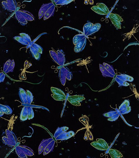 Hi Fashion Blue Dragonfly Black Premium Metallic Cotton Fabric | JOANN Timeless Treasures Fabric, Blue Dragonfly, Hi Fashion, Dragonflies Design, Sewing Art, Gold Shimmer, Joanns Fabric And Crafts, Timeless Treasures, Dragonflies