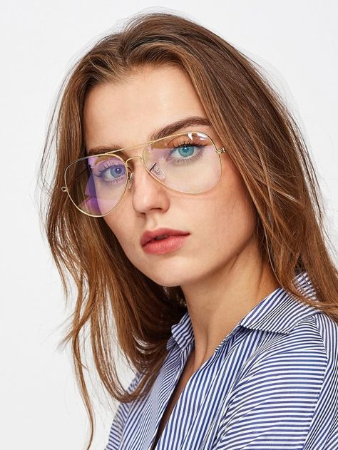 Top Bar Aviator Glasses | SHEIN USA Aviator Prescription Glasses Women, Aviator Reading Glasses For Women, Aviator Glasses For Women, Clear Aviator Glasses, Shein Accessories, Glasses Ideas, Ray Ban Sunglasses Women, Inspo Hair, Glasses Clear