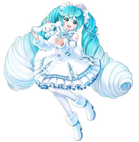 Hatsune Miku X Cinnamoroll, Miku X Cinnamoroll, Hatsune Miku Outfits, Miku Hatsune Chibi, Miku Hatsune Vocaloid, 16th Anniversary, Xenoblade Chronicles, Poses References, Dessin Adorable