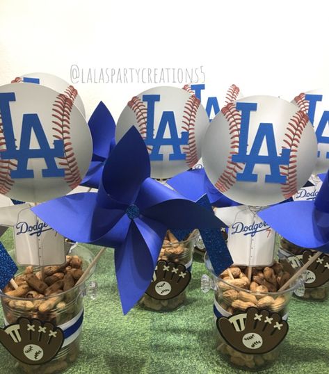 Dodgers centerpieces Dodgers Baby Shower Ideas, Dodgers Birthday Party, Dodgers Party, Baseball Centerpiece, Baseball Theme Birthday, Sports Baby Shower Theme, Baseball Theme Party, Sports Baby Shower, Baseball Theme