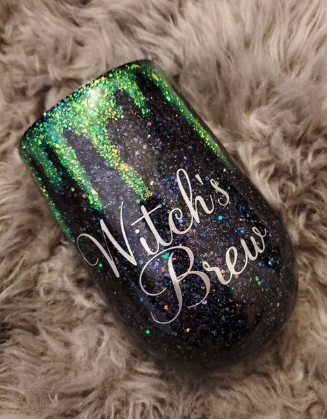 Witchy Wine Glasses, Witches Brew Tumbler, Halloween Tumblers, Wine Diy, Epoxy Ideas, Halloween Wine, Witch's Brew, Glitter Wine, Glitter Tumblers