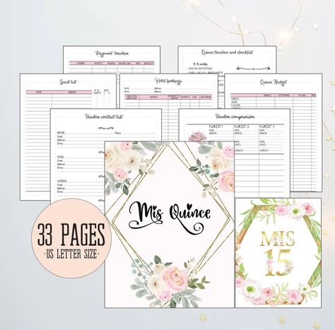 Blush floral planner that comes a printable PDF Vendor Comparison Template, Quinceanera Planner Free Printable, Quinceañera Planner, Quinceanera Planner, Quinceanera Planning Checklist, Monthly At A Glance, Quinceanera Venue, Quince Planning, Ultimate Organization