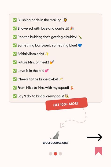 A joyous bride-to-be with friends at a bridal shower, with Instagram engagement icons.
An infographic with bridal checklist phrases, emojis, and a "GET 100+ MORE" button.
A woman with a laptop, surrounded by social media icons, promoting an Instagram Engagement Pod. Shower Captions, Sassy Instagram Captions, Bridal Shower Photos, From Miss To Mrs, Something Borrowed, Perfect Word, Happy Tears, Wedding Vows, New Chapter