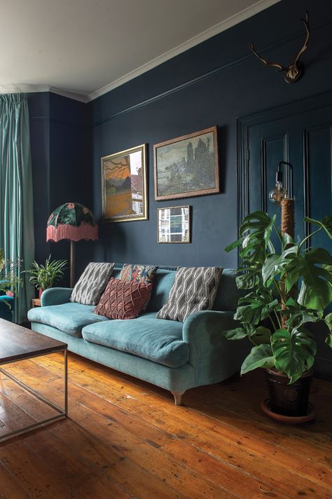 Victorian terrace house: Carol's home is full of colour, art and antique finds | HouseAndHome.ie Victorian Terrace House Living Room, Terrace House Living Room, Victorian House Interiors, Victorian Terrace House, Victorian Living Room, Dark Blue Walls, Dark Living Rooms, Antique Finds, Colour Art