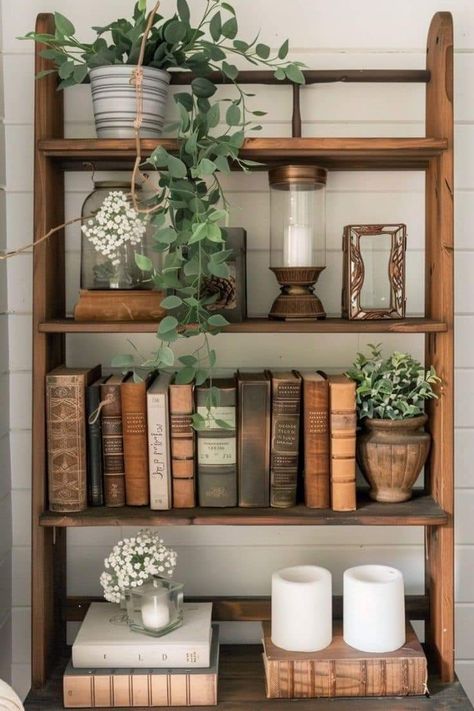 Farmhouse Shelf Decor Ideas, Farmhouse Shelf Decor, Shelf Decor Ideas, Farmhouse Shelves Decor, Farmhouse Shelf, Shelf Decor Living Room, Styling Shelves, Decorating Bookshelves, Apartment Decoration