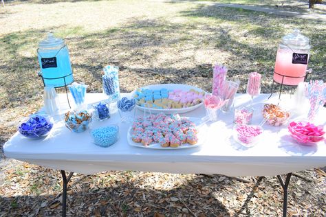 Gender reveal dessert table Easy Diy Snacks, Gender Reveal Dessert Table, Gender Reveal Table, Gender Reveal Dessert, Simple Gender Reveal, Christmas Gender Reveal, Gender Reveal Ideas, Diy Snacks, Instagram Username Ideas