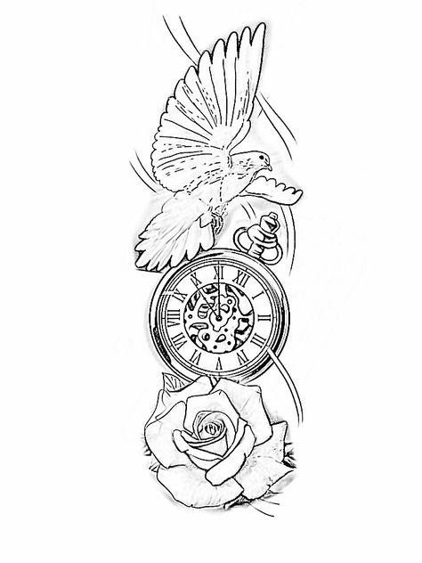 Dove Clock Rose Tattoo Stencil, Dove Clock Rose Tattoo Design, Dove And Rose Tattoo, Pigeon Tattoo, Clock And Rose Tattoo, Watercolour Tattoo, Rose Tattoo Stencil, Wing Tattoo Men, Dove Tattoo Design